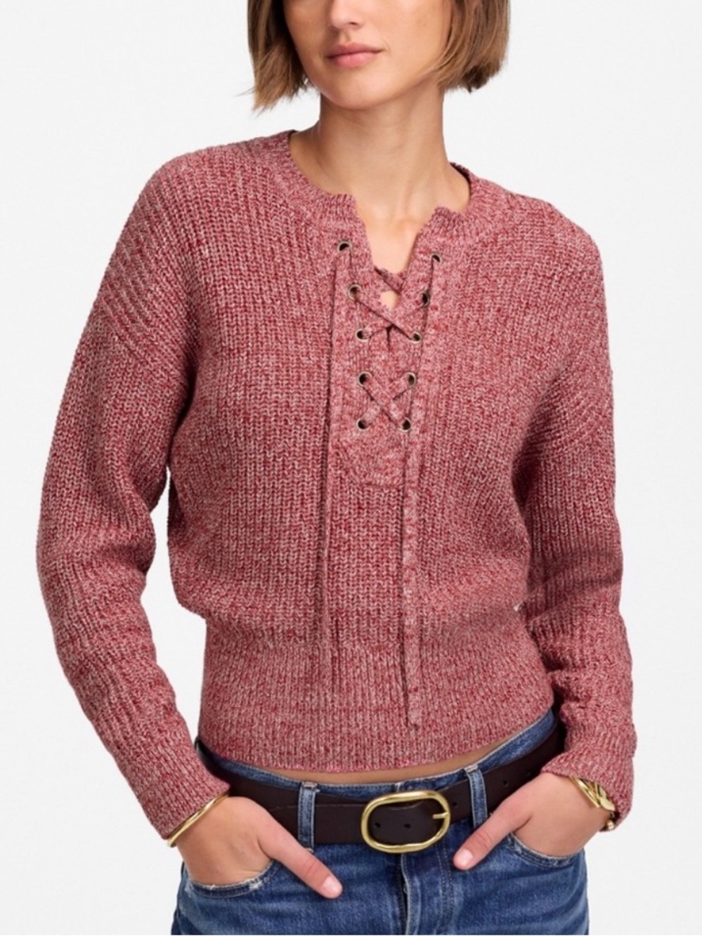 Madewell Lace-Up Ribbed Knit Cotton Red & White Marled Sweater